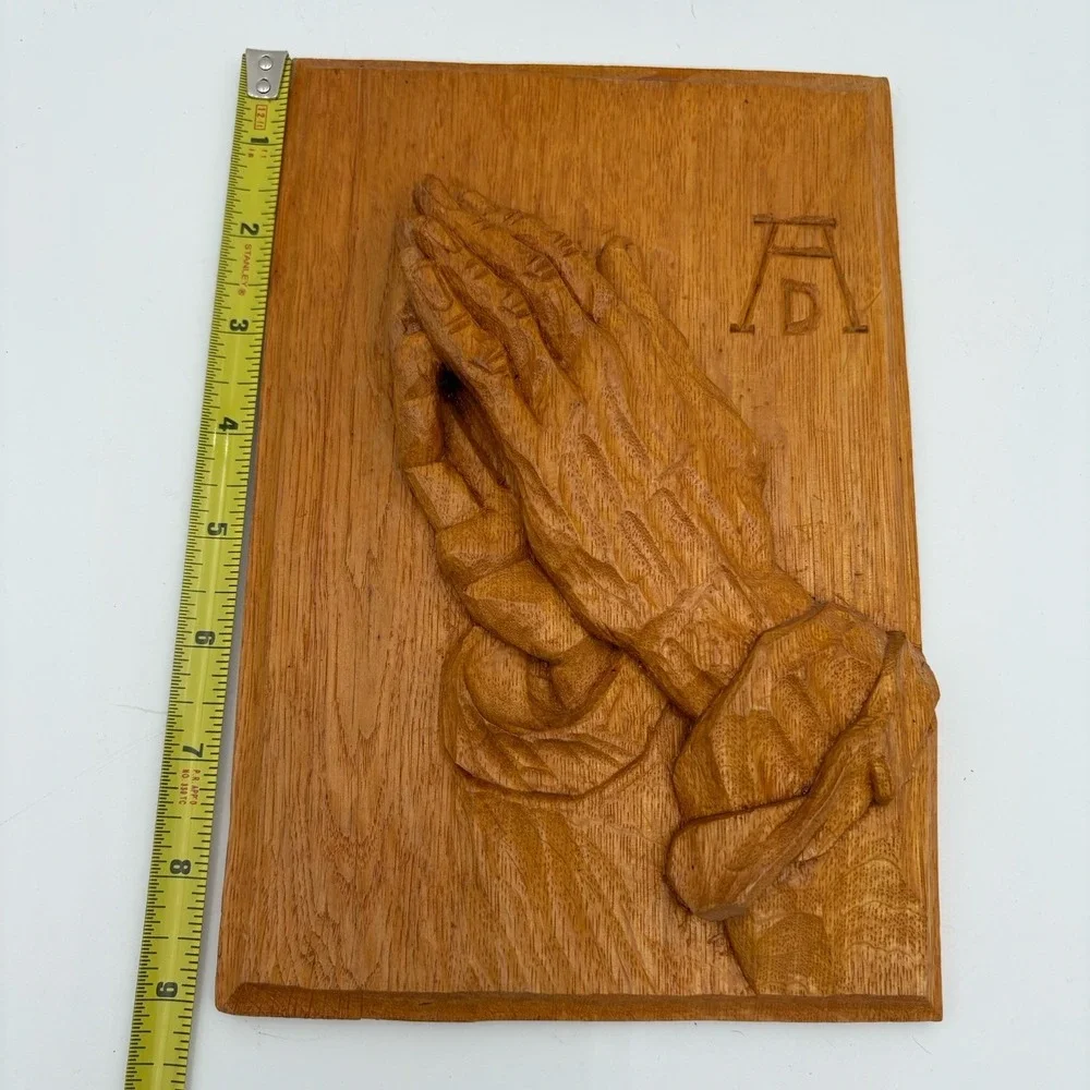 VTG Praying Hands Wall Wooden Plaque, Religious Decor, Hand Carved 9